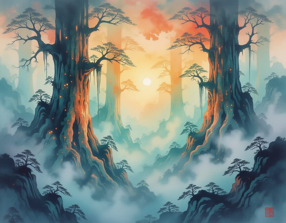 Surreal Foggy Forest Landscape in Chinese Ink Style