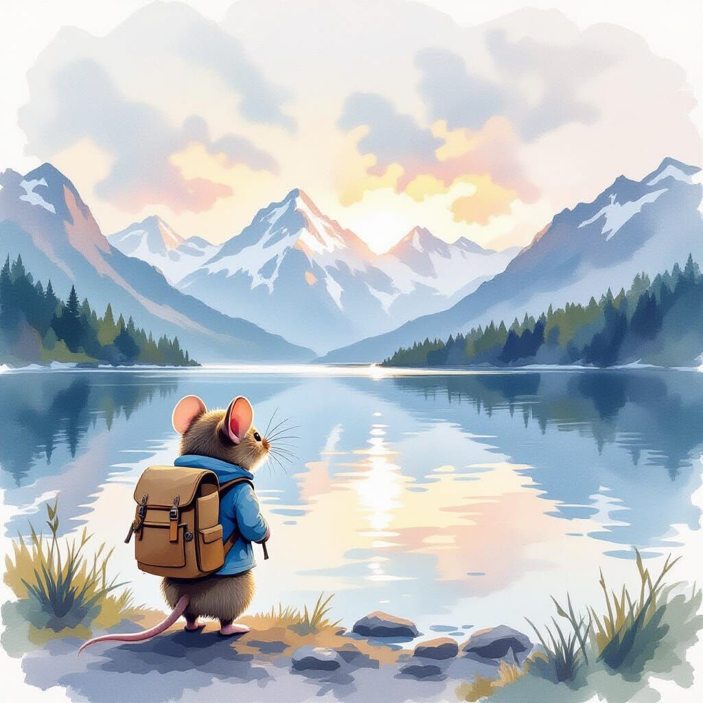 Mouse Contemplates Mountains in Watercolor Painting