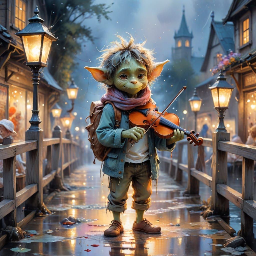 Goblin with Fiddle on Lantern Bridge to Fairytale Market