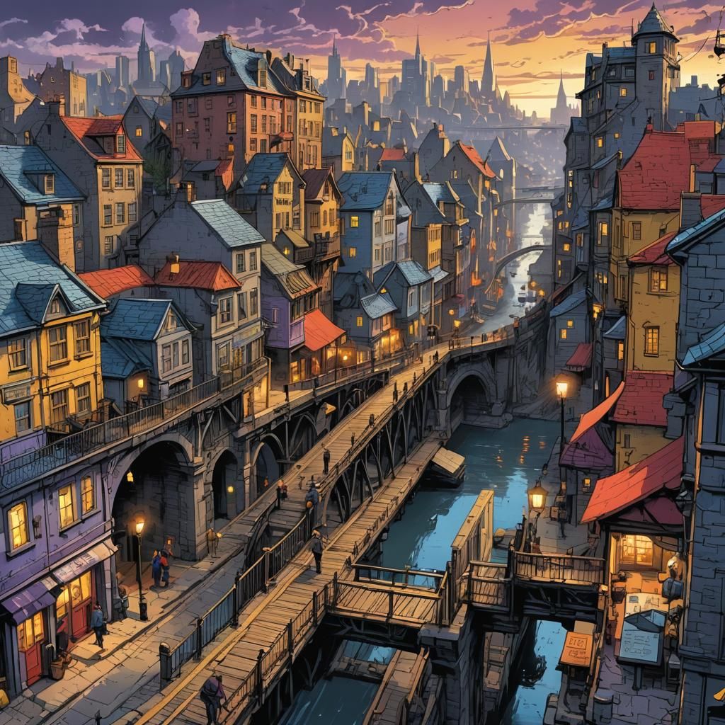 Vintage Cityscape in Comic Book Art Style