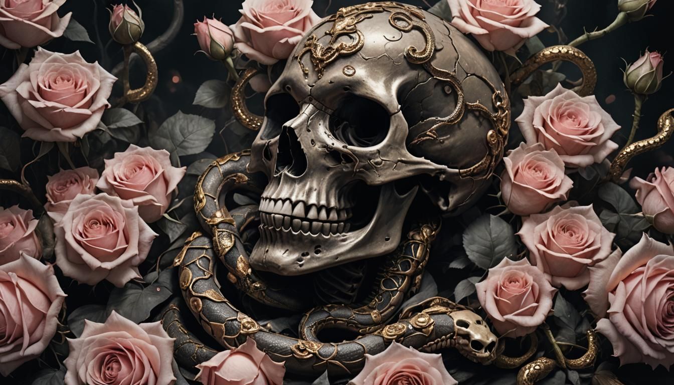 Skull, Snake, and Roses in Dark Fantasy Style