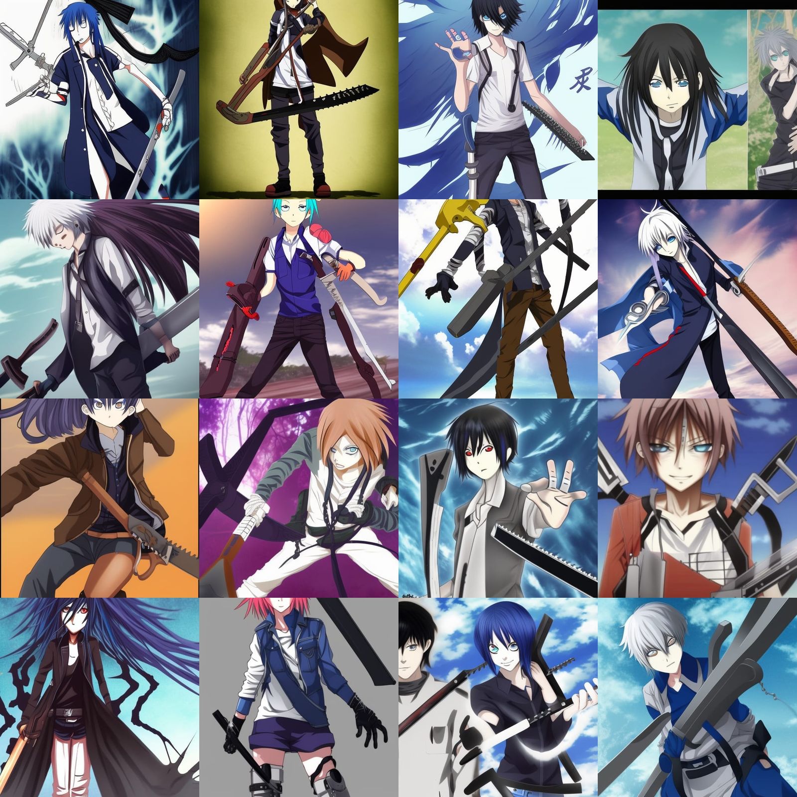 denji type anime character form chainsaw man but a female with blue eyes with scythes  for hands and feet