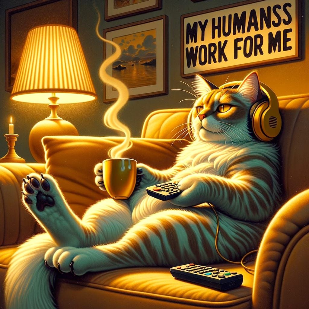 Anthropomorphic Cat Boss Relaxing with Coffee