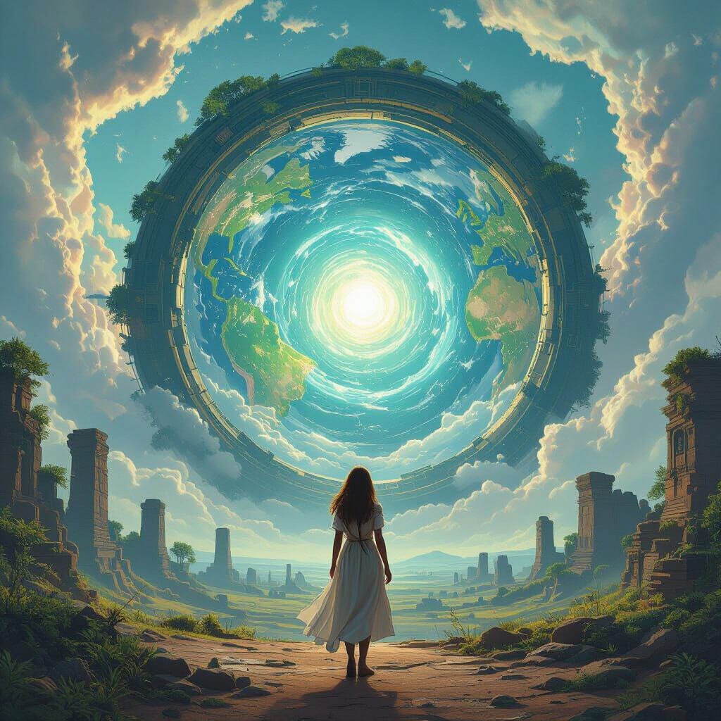 Woman at Swirling Time Portal on Flat Earth