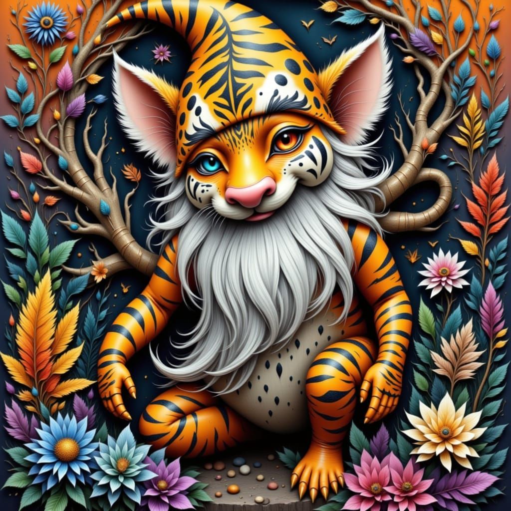 Fantasy image of a gnome-tiger hybrid