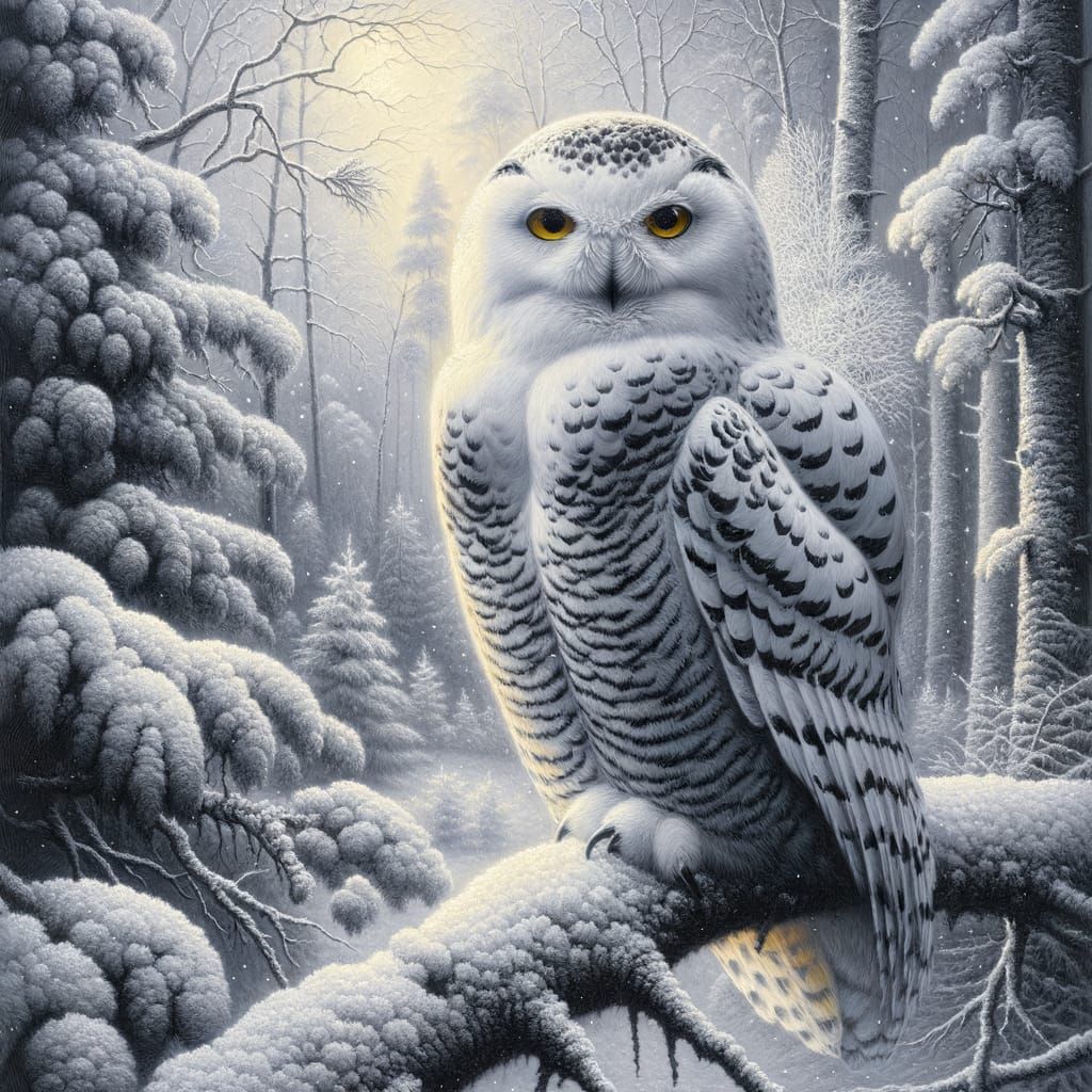 Majestic Snowy Owl in Winter Forest, Hyperdetailed Oil Paint...