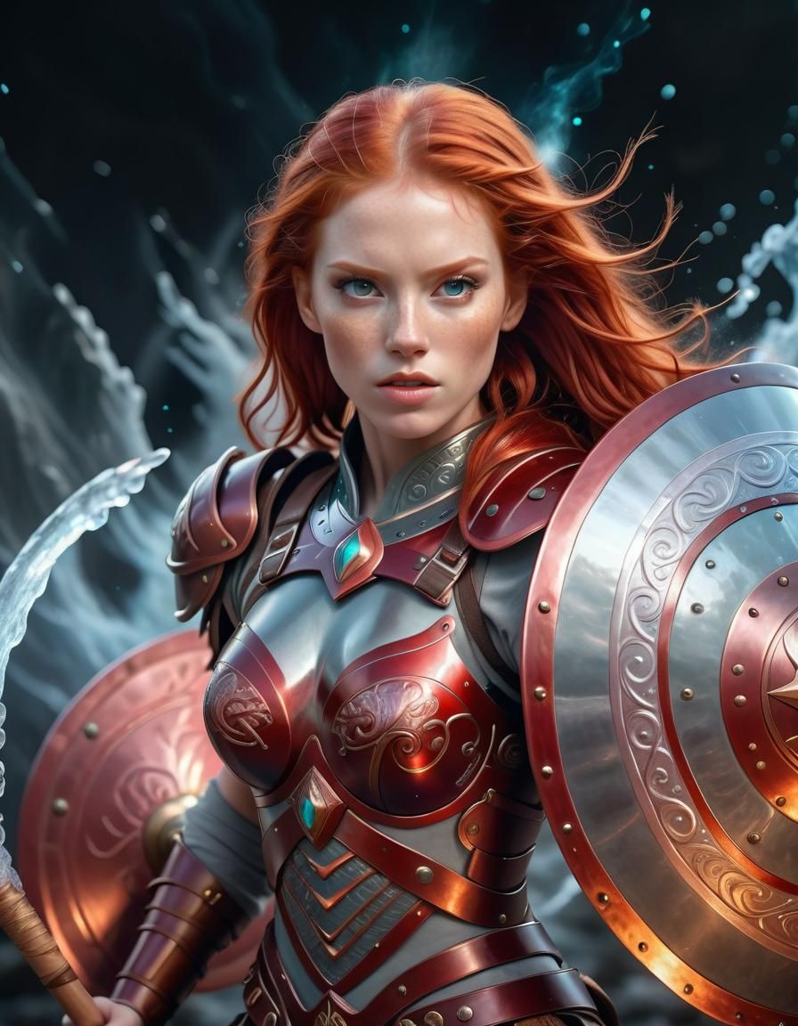 Fierce Red-Haired Warrior with Shield in Synth-Wave Style