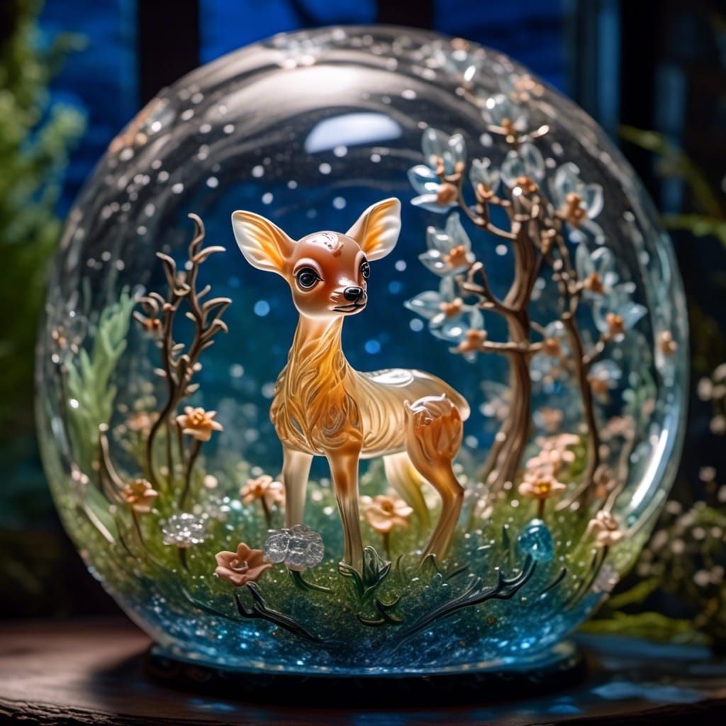 Glass Fawn in Sphere with Bioluminescent Plants