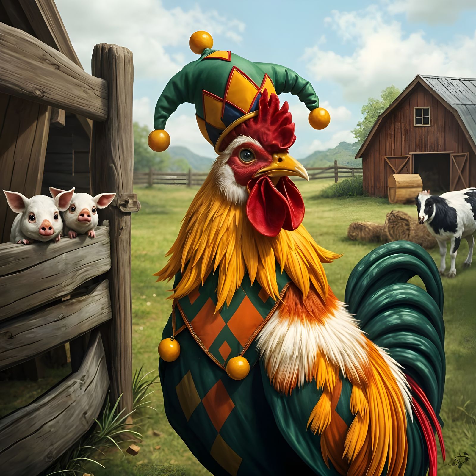 Majestic Rooster in Jester's Regalia at the Farm
