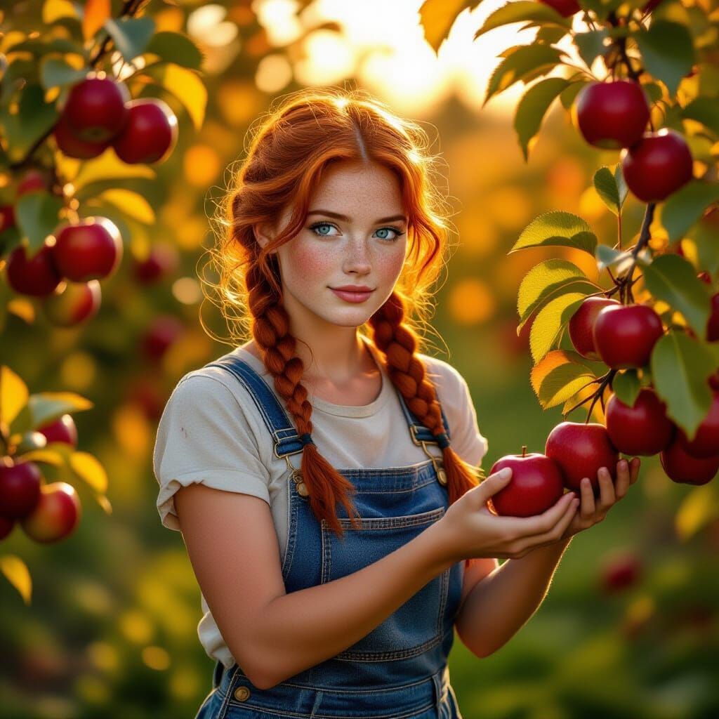 Autumn Apple Harvest With Redheaded Woman