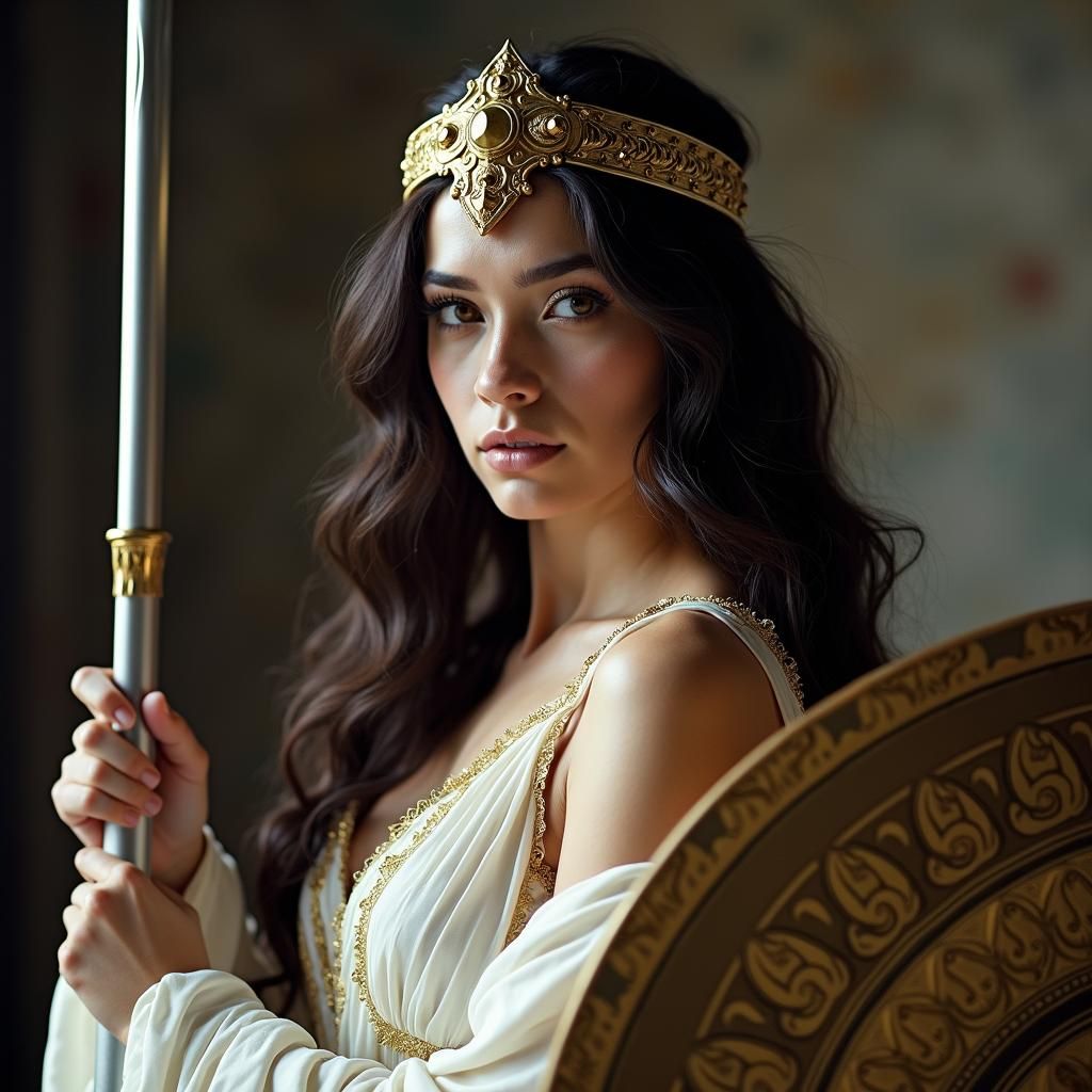 Greek Goddess with Spear and Shield, Cinematic Film Still