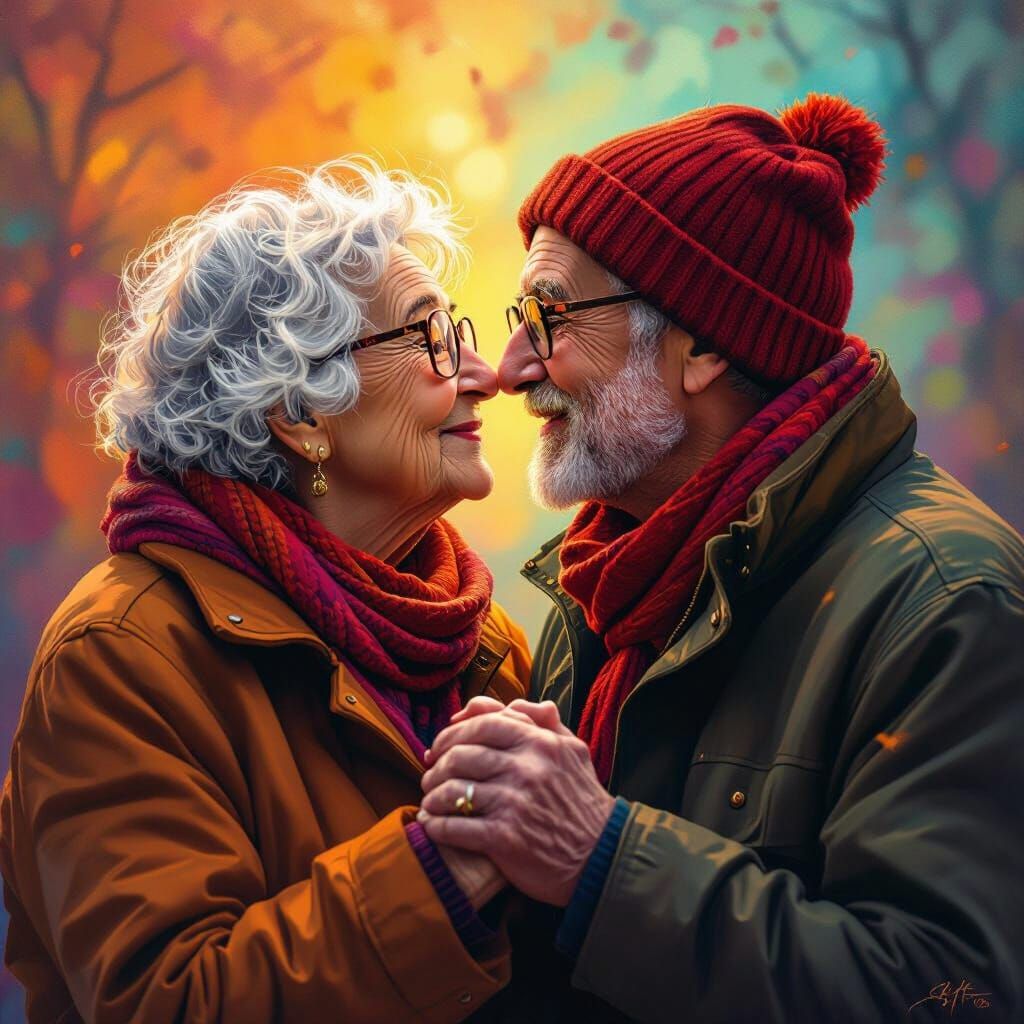 Tender Kiss Between Elderly Couple: Hyperrealistic Art