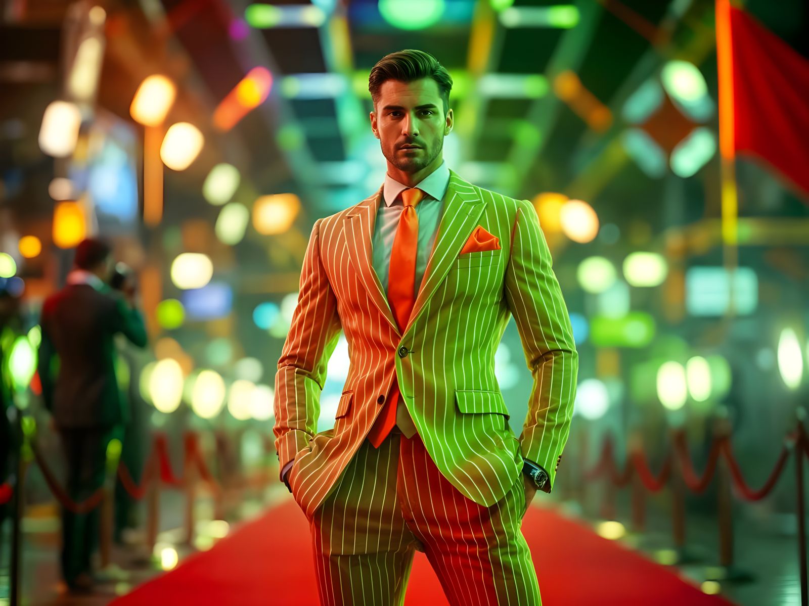 Elegant Man in Cyberpunk Attire on Red Carpet