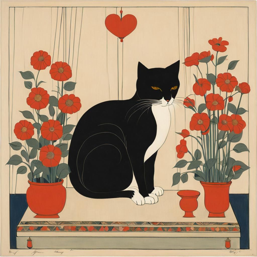 Cat with Flowers in Figurative Modernism Style