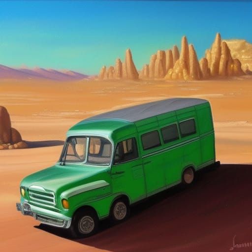 Vibrant Green Ice Cream Van in a Desert Landscape