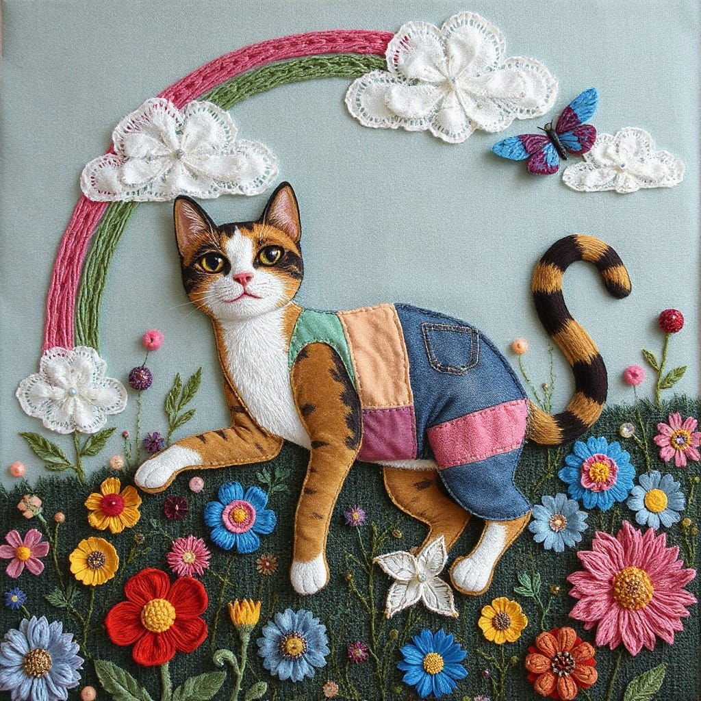 Patchwork Cat in Surreal Textile Garden Collage
