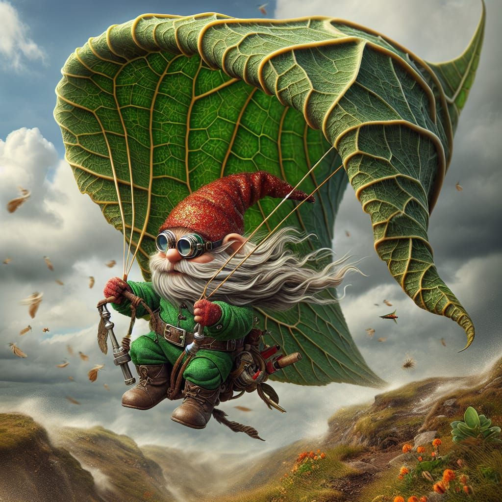 the gnome paragliding using a leaf
