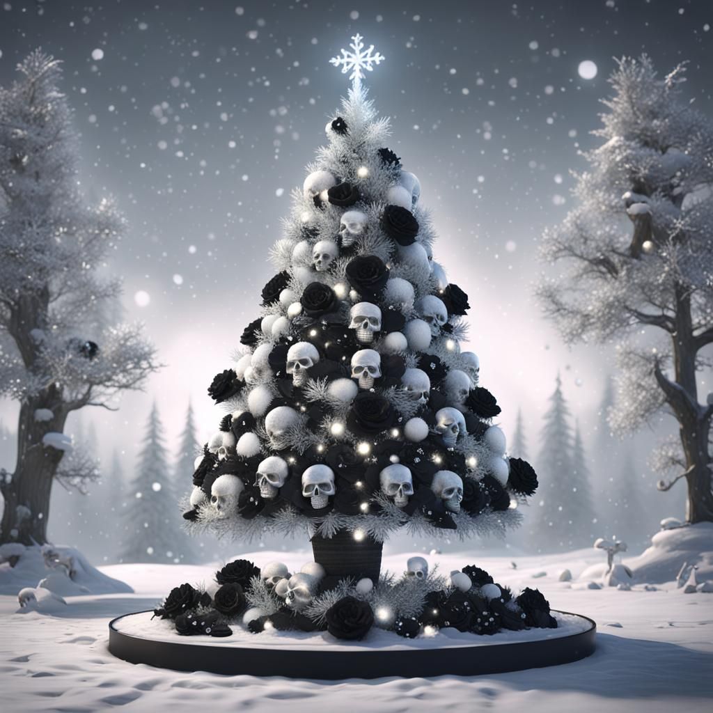 Snowy Christmas Tree with Skulls in 3D Render