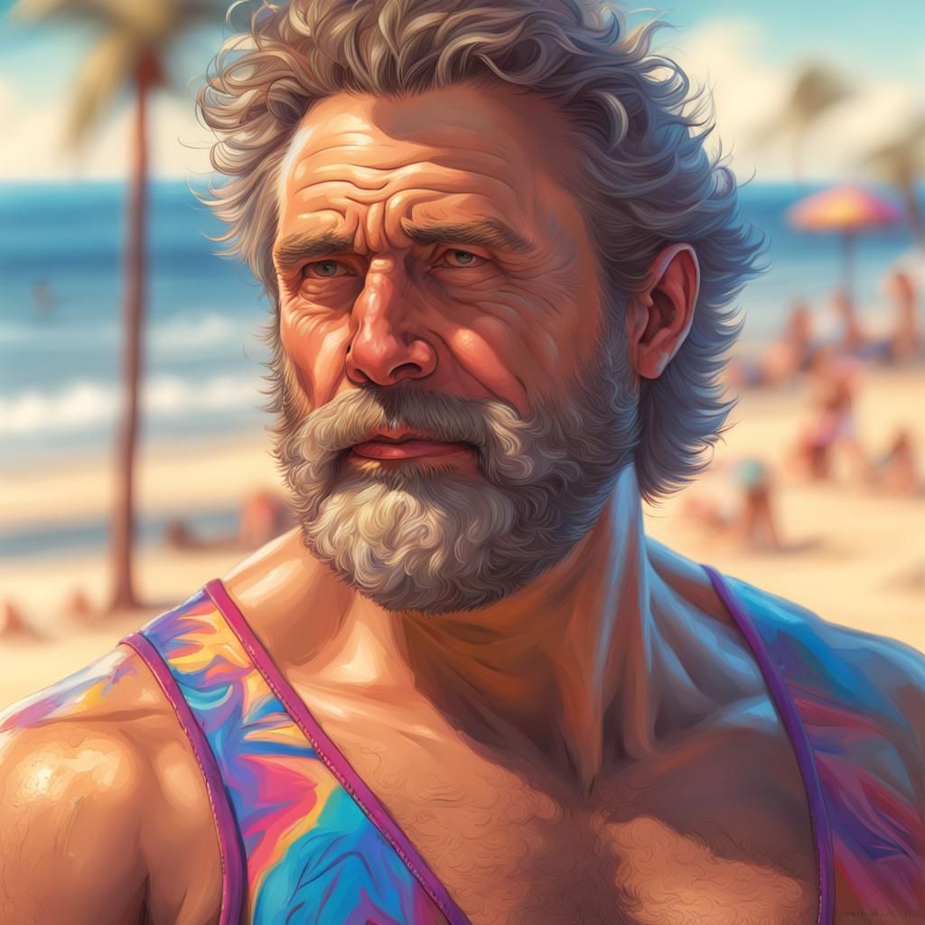 Hyperrealistic Hairy Man in Speedo on Beach