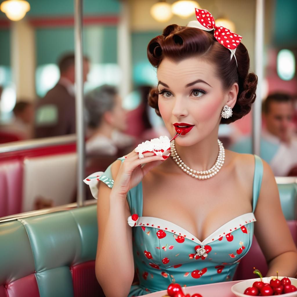 Retro Diner: Woman Eating Cherry Jubilee, 50s Style