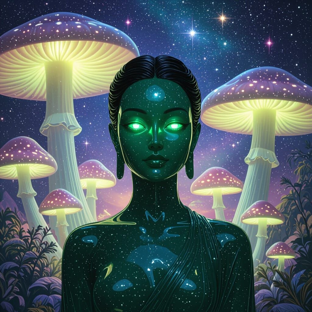 Jade Figure with Emerald Eye in Bioluminescent Dreamscape