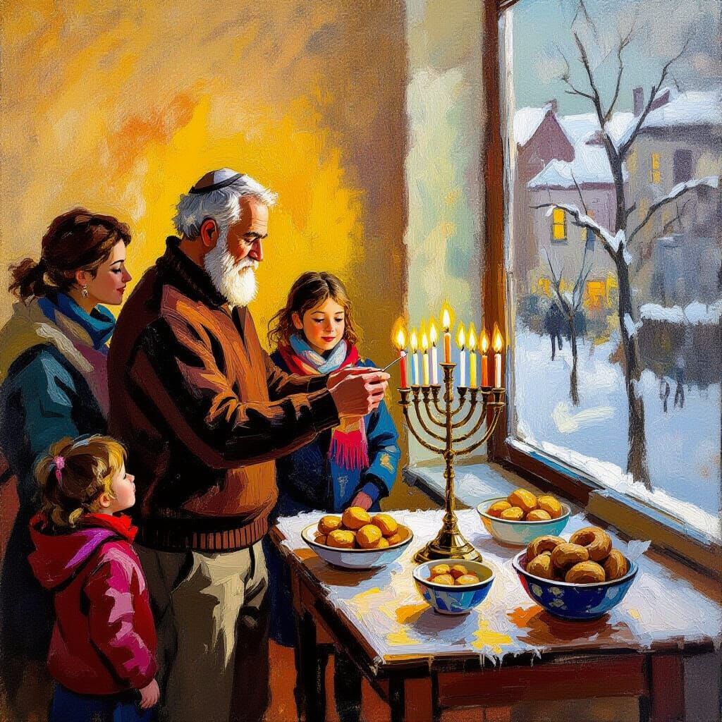 Father Lights Hanukkah Candles: Impasto Oil Painting