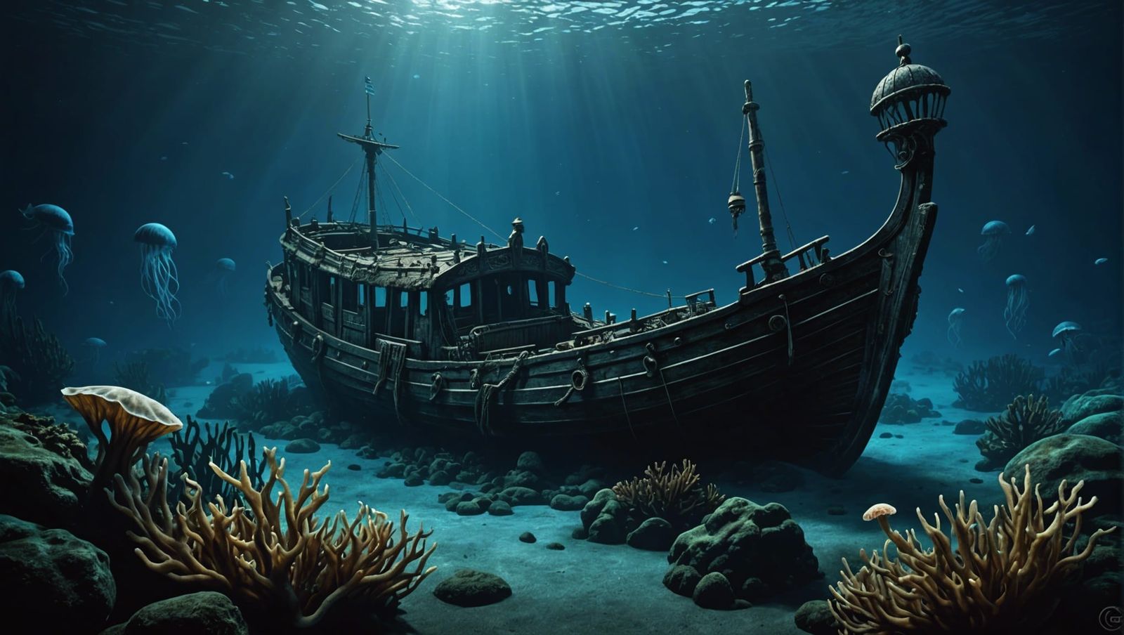 Underwater Viking Shipwreck with Glowing Jellyfish