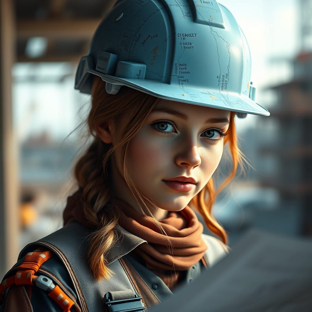Woman in Hardhat Reads Blueprints on Construction Site