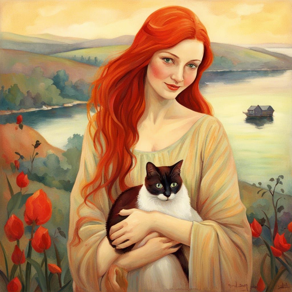 Red-Haired Woman with Siamese Cat in Vintage Illustration