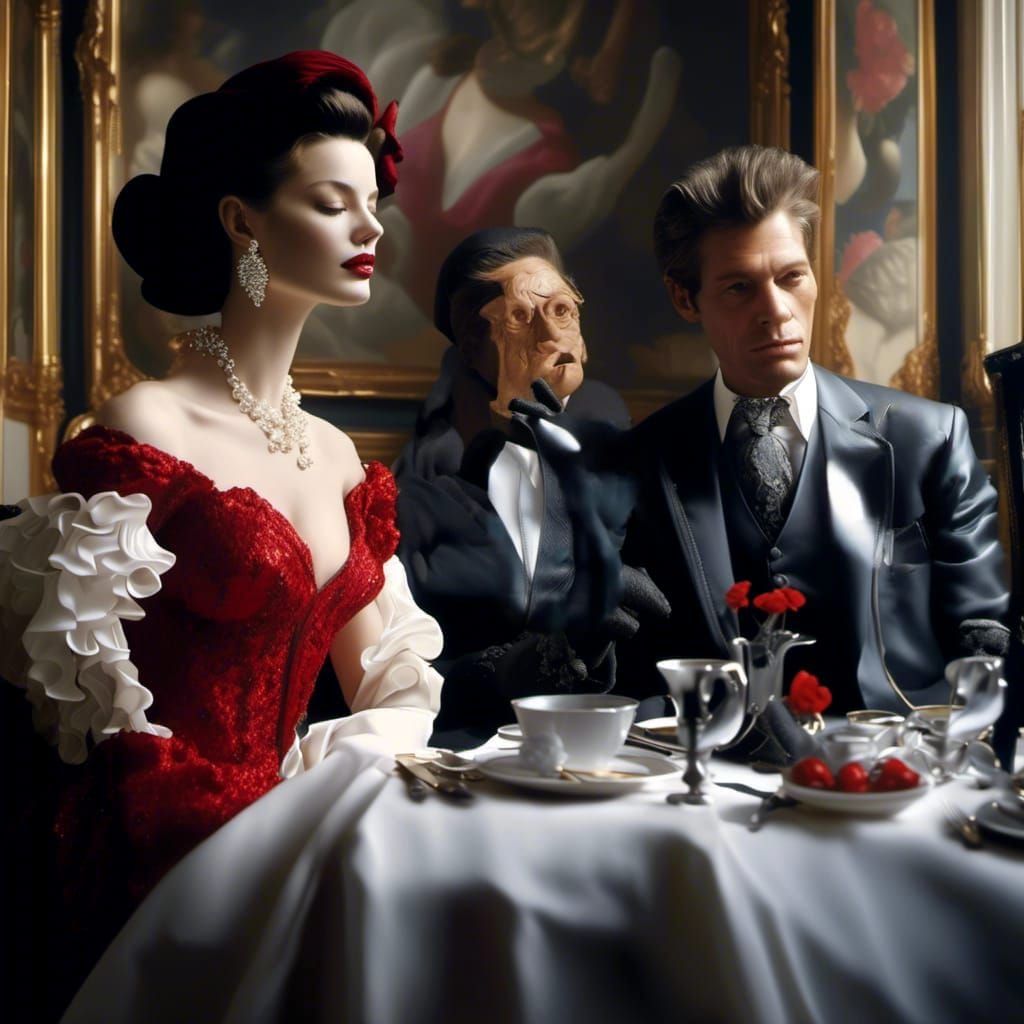 Expressive Woman in Cafe with 3D Art