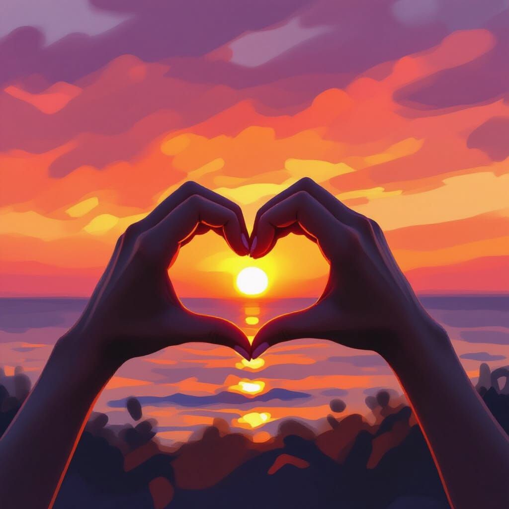 Hands Forming Heart Silhouette at Vibrant Sunset