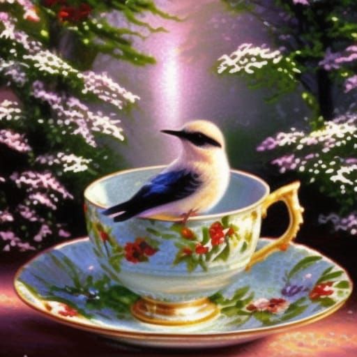 Cute Birds in Teacup: Ethereal Fantasy Art
