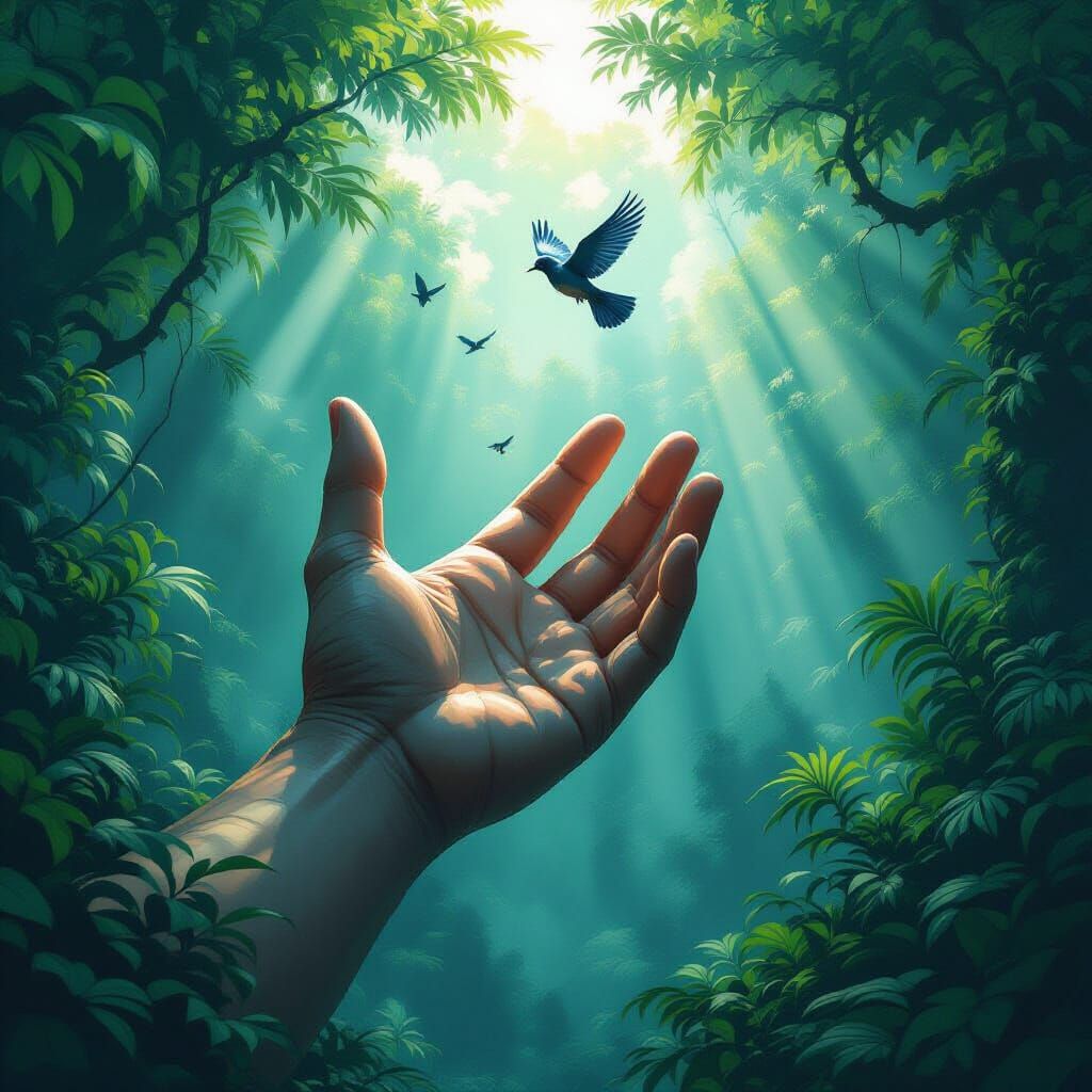 Giant Hand Reaching for a Bird, Futuristic Style