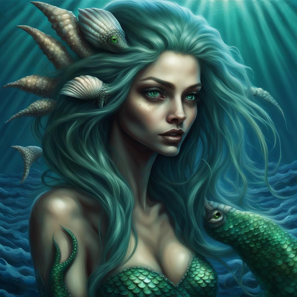 Menacing Mermaid with Razor Teeth, Digital Art