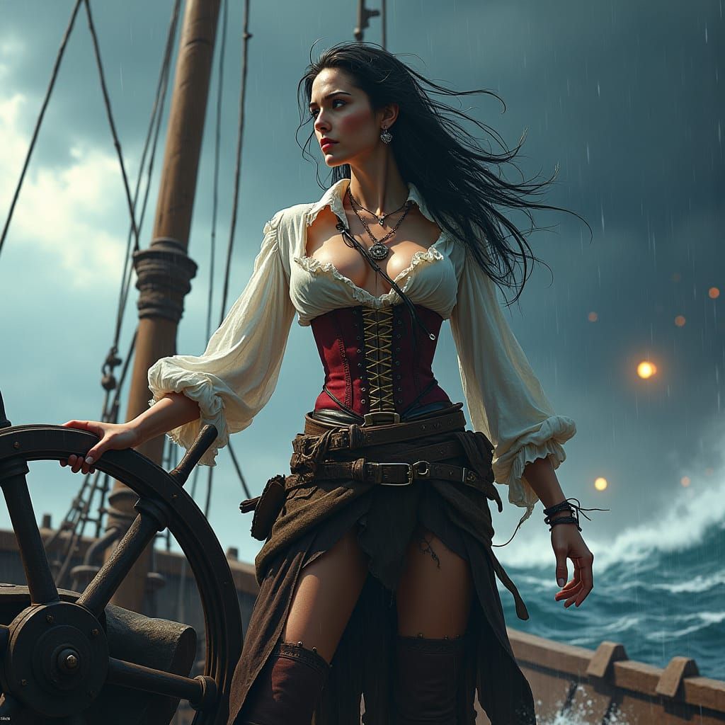 Pirate Woman in Stormy Seas, Fantasy Concept Art