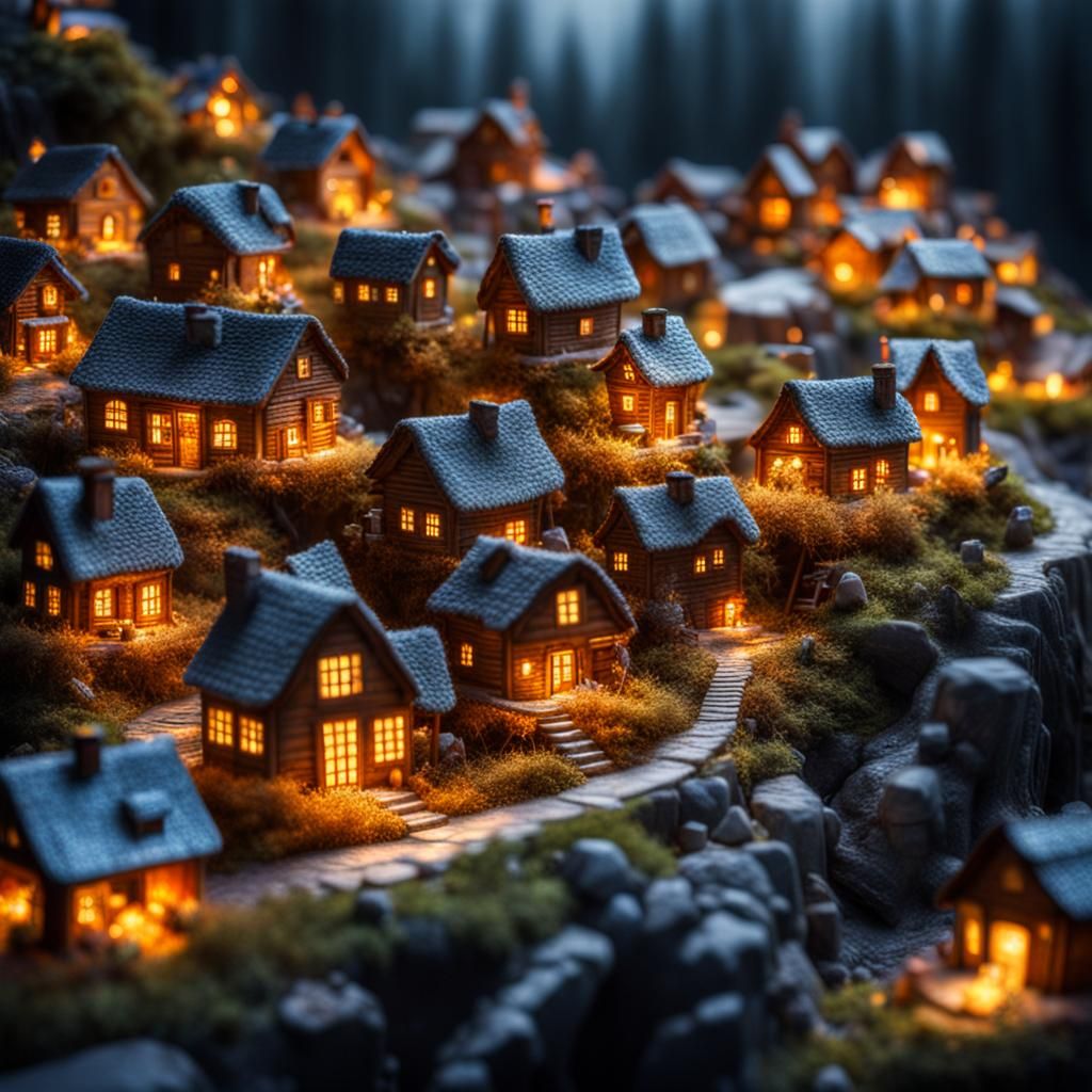 Glowing Crystal Village: Hyperrealistic HDR Image