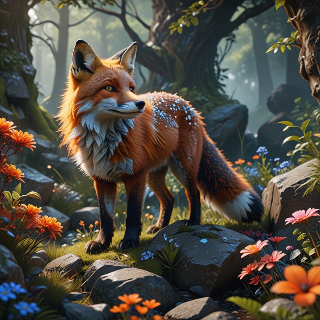 Mystical Fox in Vibrant Woodland Scene