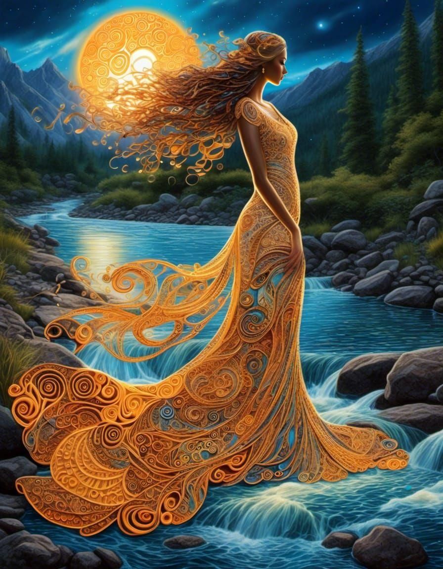 Woman in Runes Dress by River in Zentangle Style