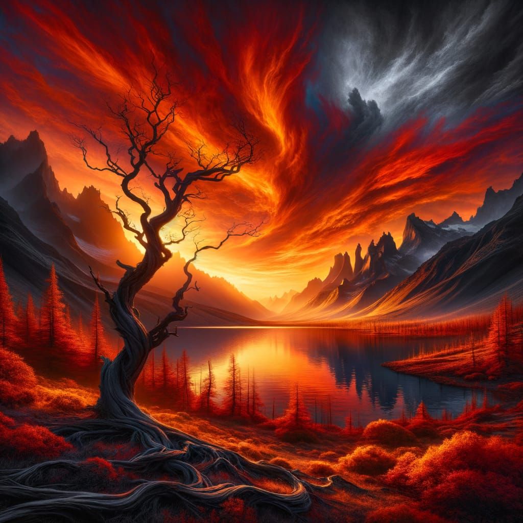 Blazing Dawn Landscape with Fiery Sky Reflection