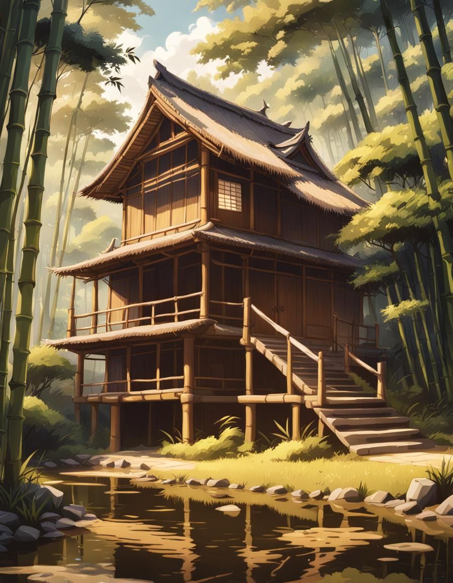 Charming Bamboo Cottage in Forest, Anime Style