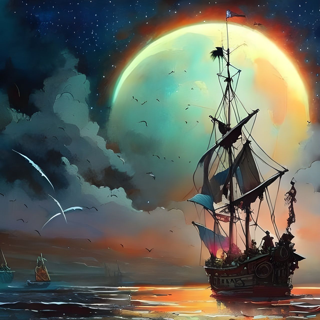 Pirate Ship Under a Luminous Moon in Matte Painting Style