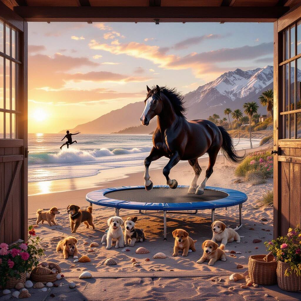 Majestic Black Horse Gallops on Beach at Sunset