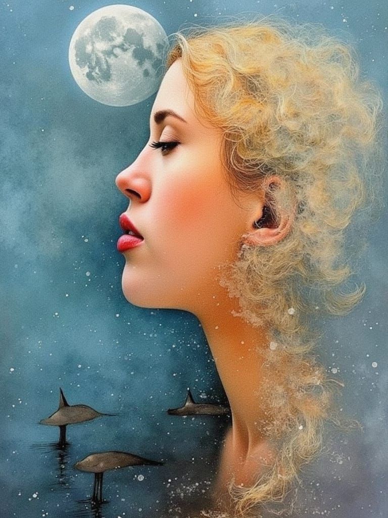 Abstract Woman Face Merged with Nature Memories in Watercolo...