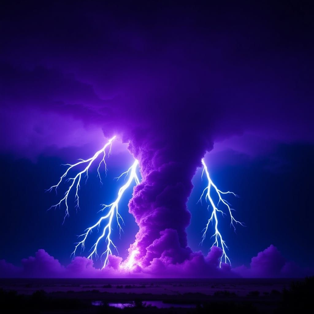 Purple Supercell Thunderstorm with Blue Lightning