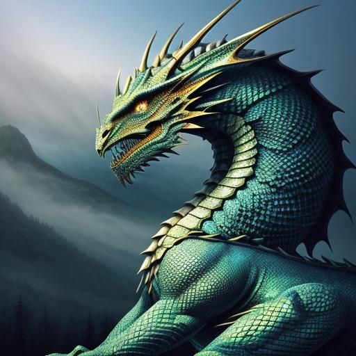 Dragon Wrapped in Magical Aura on Misty Peak