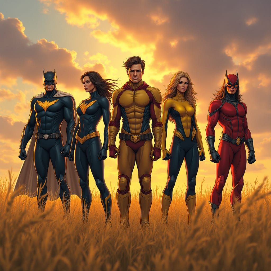 Superhero Teams in Golden Field Hyperrealistic Art