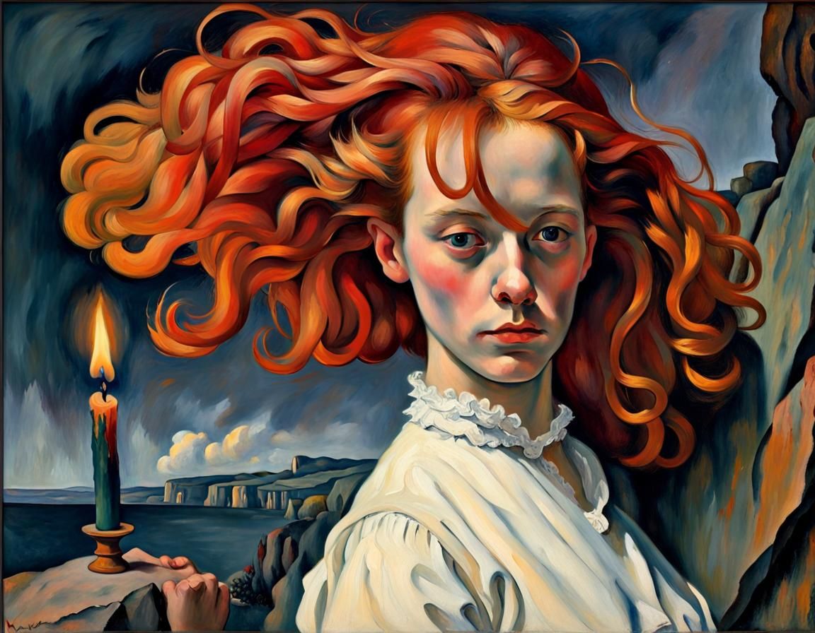 Woman on Precipice in Post-Impressionist Style