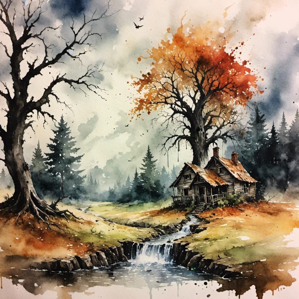 Scenic Watercolor Landscape with Dark Accents