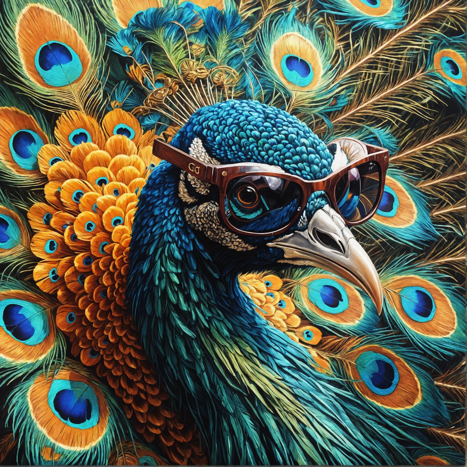 CGI Peacock with Sunglasses as Digital Oil Painting