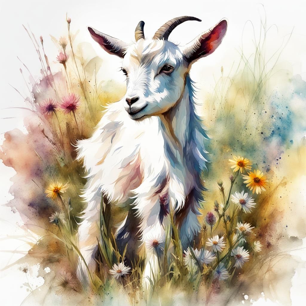 Watercolor Baby Goat in Summer Meadow